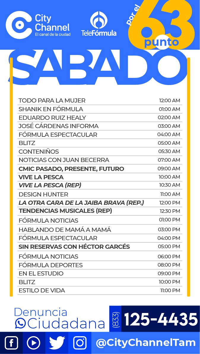 Citychannel_'s tweet image. Te compartimos nuestra programación para este Sábado 8 de Noviembre de 2025

✅ 📡 Sintoniza nuestra señal:
Facebook Live📱
Youtube: 

📺6.3 TV abierta
📺Súper Cable canal 9
📺Cable Sur canal 28.5
📺Cable Pánuco canal 96
📺Canal 14 INBTEL

#CityChannel el canal de la ciudad.🟡