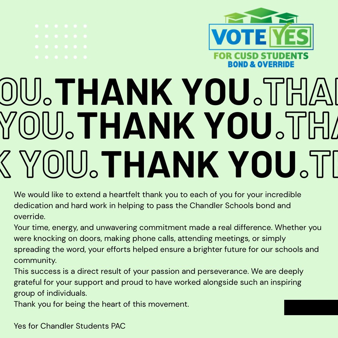 YesCUSDStudents's tweet photo. As of 4:57pm today, November 7, 2025 there are 5K ballots in Maricopa County to tabulate. I would say it is safe to say, our CUSD Bond and Override have passed. We will let you know when it is official! #supportpublicschools #YesforChandlerStudents https://t.co/7JILCPLgez