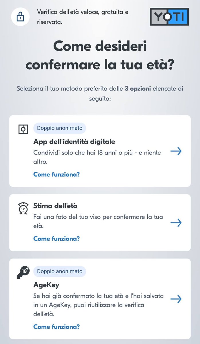 relationsatwork's tweet image. Lunedì pubblicherò note 1° lista @AGCOMunica #AgeVerification x.com/relationsatwor…

Intanto, anticipazione di caso NON conforme  @OnlyFans con @getyoti🤷‍♂️

AgeKey = OK doppio-anonimato... non funziona

Age Estimation = NON conforme regole AGCOM

Digital ID = NO doppio…