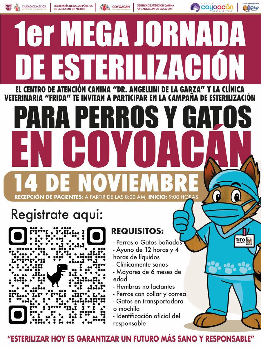 Sabueson's tweet image. 🐶🐱 ¡Participa en la 1.er Mega Jornada de #Esterilización en Coyoacán!
Este 14 de noviembre, el Centro de Atención Canina “Dr. Angelini de la Garza” y la Clínica Veterinaria Frida te invitan a esterilizar a tu #Perro o #Gato de manera responsable.