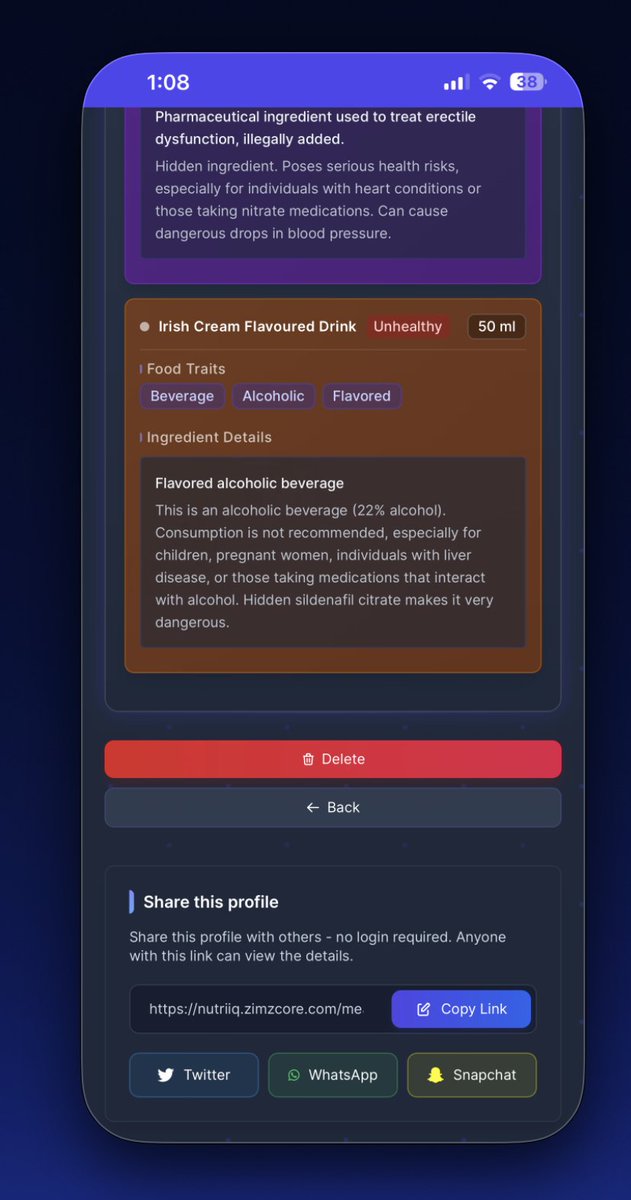 A nutritional breakdown of Choice Irish Cream, revealing the impact of hidden sildenafil citrate courtesy of NutriIQ. You can also use this tool to scan food labels and make more informed choices.

Scan link: nutriiq.zimzcore.com/meals/6/shared…