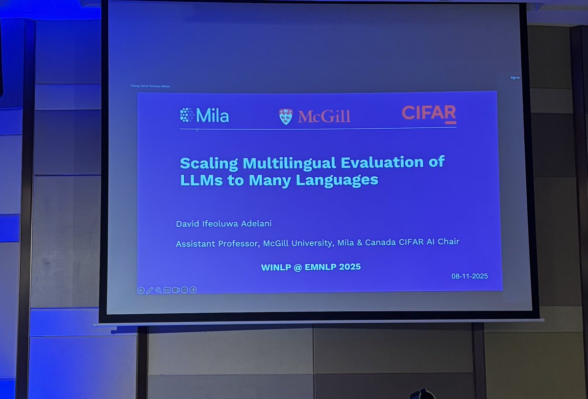WiNLPWorkshop's tweet photo. Keynote by @davlanade is live now! Let's scale multilingual evaluation of LLMs to more languages. @emnlpmeeting #EMNLP2025 https://t.co/duzVRiApuU
