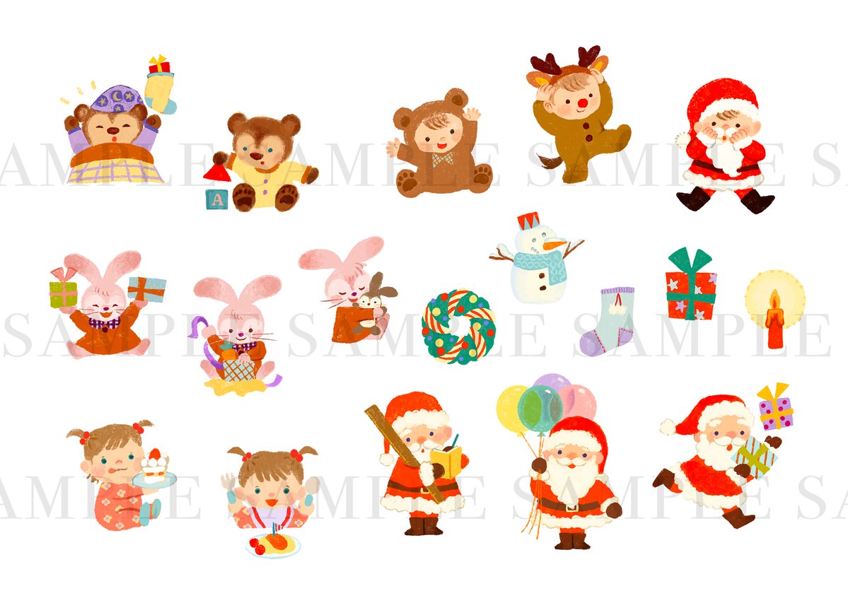 お知らせ続けて失礼します。
アカチャンホンポ様　クリスマスのキービジュアルやカットイラストを担当しました🎄
WEB、ポスター、POP、チラシ、サイネージなどに全店舗で使用されます。 
特設サイトはこちら akachan.jp/christmas/