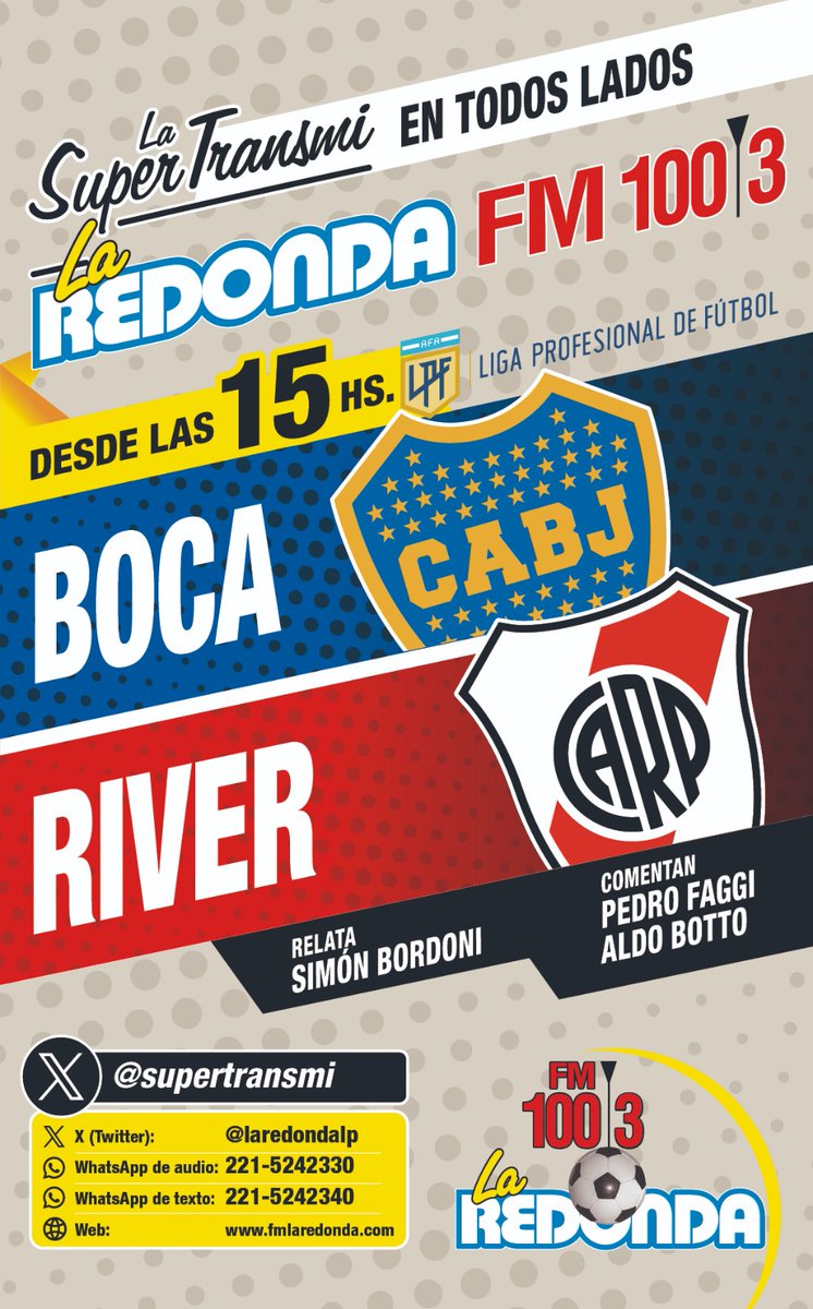 LaRedondalp's tweet image. ¡Acordate!

📌 Este domingo se juega el #Superclásico !

📌 Prendete a La #Supertransmi de La Redonda!

#TorneoClausura ⚽ Fecha 15

🕑 Desde las 15 Hs:

📌 #BOCA  🆚 #RIVER

 📲 +549 221 524-2330
💻 ️ fmlaredonda.com
📻  100.3 #LaPlata