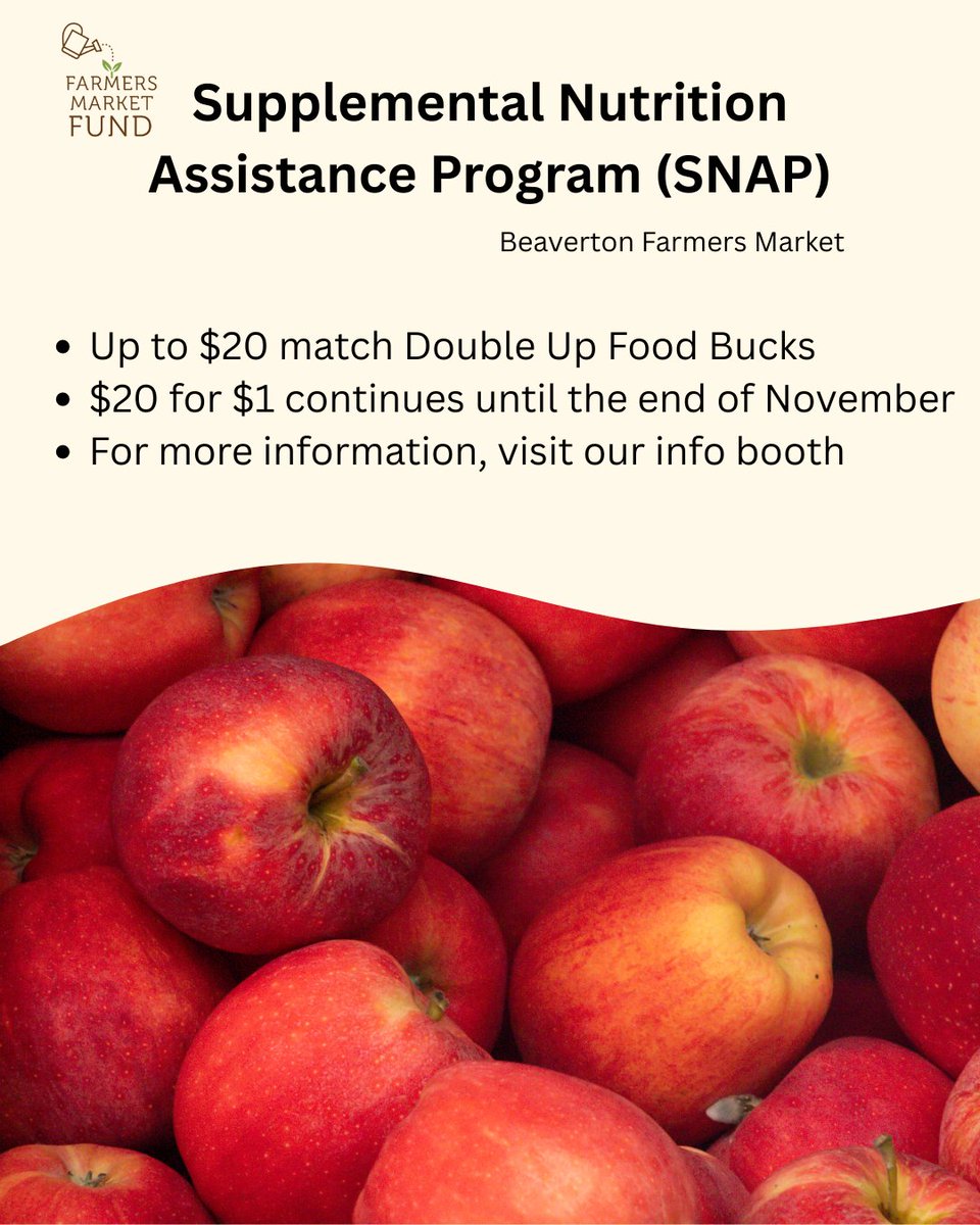 BeavertonMarket's tweet photo. Oregon DHS has confirmed that all Oregonians with SNAP have now received their full November benefits. Now through November 30: With $1 in SNAP on your EBT Card, you can still receive $20 in Double Up Food Bucks. All existing Double Up Food Bucks can still be spent at the market! https://t.co/WCGodQSoMD