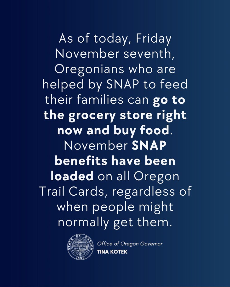 BeavertonMarket's tweet photo. Oregon DHS has confirmed that all Oregonians with SNAP have now received their full November benefits. Now through November 30: With $1 in SNAP on your EBT Card, you can still receive $20 in Double Up Food Bucks. All existing Double Up Food Bucks can still be spent at the market! https://t.co/WCGodQSoMD
