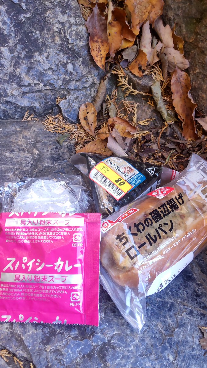 本日の登山飯

おにぎり(ツナマヨ)
ちくわの磯辺揚げロールパン
春雨スープ(スパイシーカレー)

コッヘルを忘れるという痛恨のミス
ラーメン食べようと思ってたのに…
ちっちゃいマグカップで春雨スープを無理矢理作った