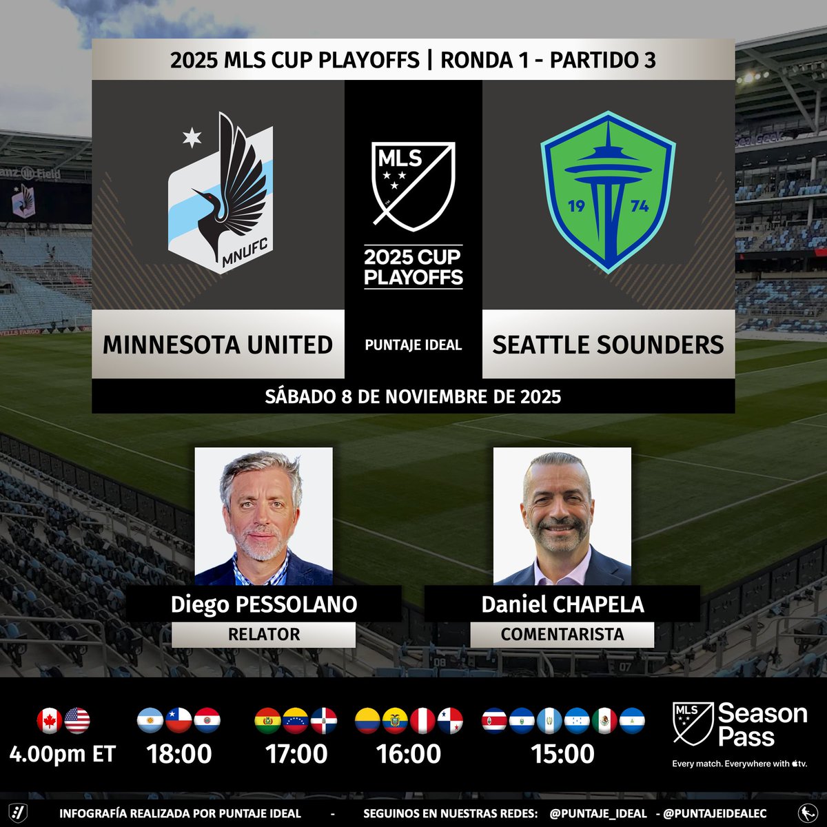 ⚽️ #MLS 🇺🇸 | #MinnesotaUnited vs. #SeattleSounders
🎙 Relator: <a href="/DiegoPessolano/">Diego Pessolano</a>
🎙 Comentarista: <a href="/dchapela/">Daniel Chapela 🇻🇪</a>
💻📱 #MLSSeasonPass en <a href="/AppleTV/">Apple TV</a>
🤳 #MINvSEA
Dale RT 🔃