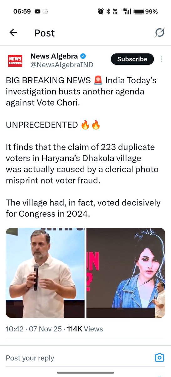 manishadhrit's tweet image. After all the noise around Rahul Gandhi’s “vote chori” claims, the narrative seems to have fallen flat. The fact-check reveals it was merely a clerical misprint — and interestingly, the village actually swung in favor of Congress in the 2024 elections compared to 2019.…