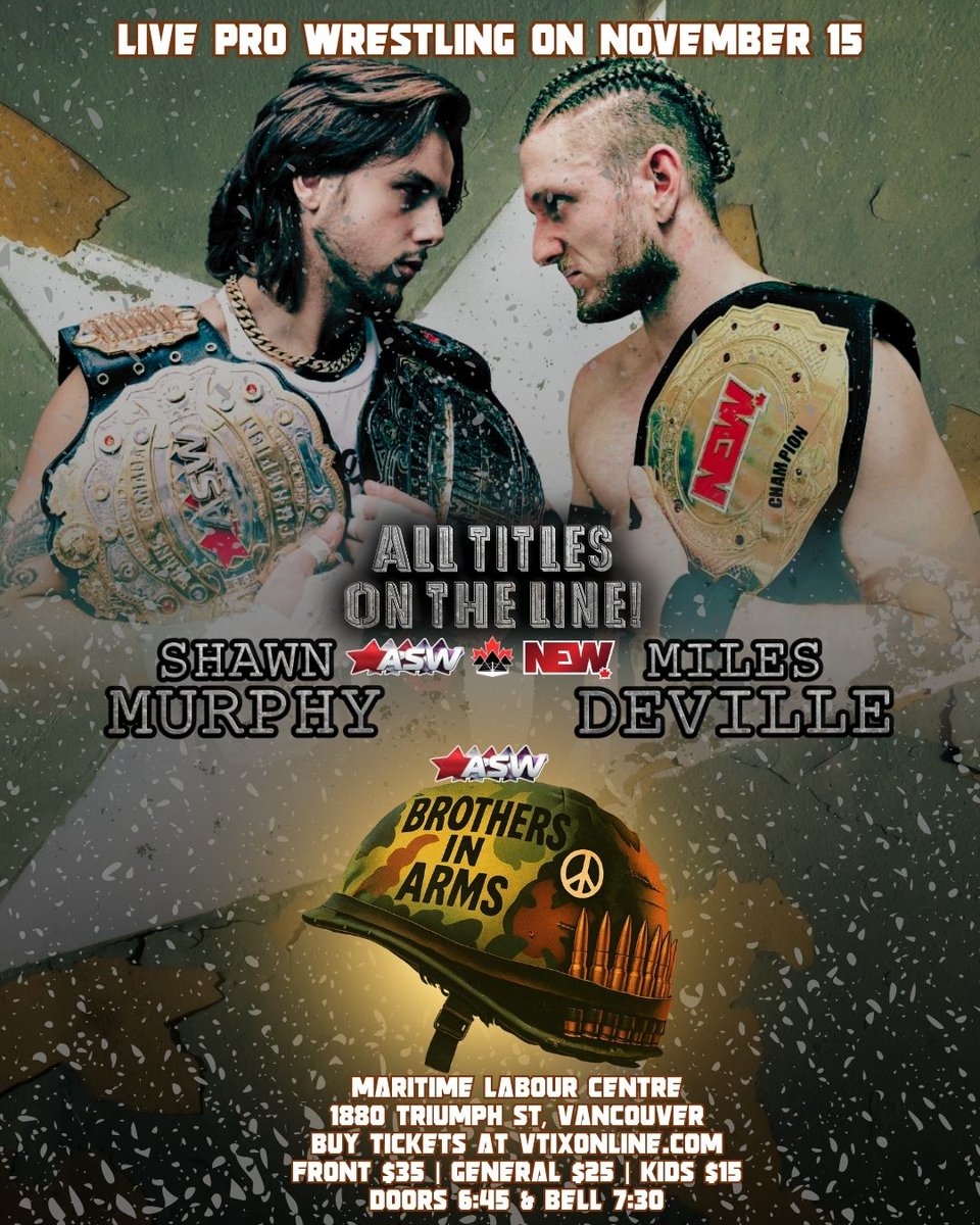 ASWCANADA's tweet photo. Three belts...
Two champs...
One match...
Can a victor emerge on Nov. 15 at ASW Brothers in Arms?
@shawn_murphypro v @Miles_Deville
https://t.co/Txzlj0pAOV https://t.co/WKYBLMCGKQ
