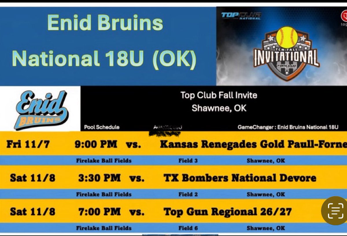Schedule for Fall Top club invite, Shawnee Ok. Ready to get after it with my girls this weekend. Let’s go!! <a href="/Casady_Webb/">Casady Webb</a> <a href="/Coach_Lem_UAM/">Kyle Lem</a> <a href="/jtjones00/">Jordon Jones</a> <a href="/MSC_Softball/">MSC Softball</a> <a href="/IvyRosenberry/">Ivy Rosenberry</a> <a href="/HutchSoftball/">HUTCH SOFTBALL</a> <a href="/CoachCodyWhite/">Cody White</a> <a href="/CoachSaigeV/">Saige</a> <a href="/ATUSoftball/">ATU Softball</a> <a href="/PSCBobcatSB/">Peru State Softball</a> <a href="/_AaronMullens/">Aaron Mullens</a> <a href="/bsmart17/">Brooke Smart</a>