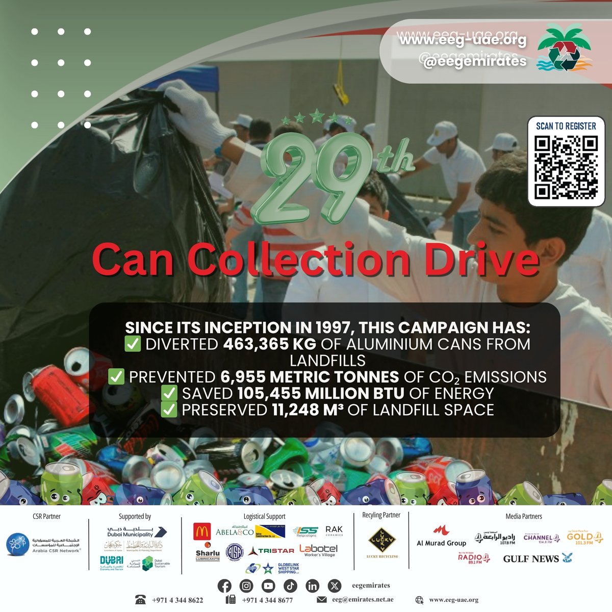 Today We Recycle. Together We Inspire
On Nov 8, EEG proudly marks the 29th Cycle of the Annual Can Collection Drive — a campaign that began our journey nearly 3 decades ago. Since 1997, over 463,365 kg of cans have been recycled saving energy, cutting emissions &amp; inspiring change