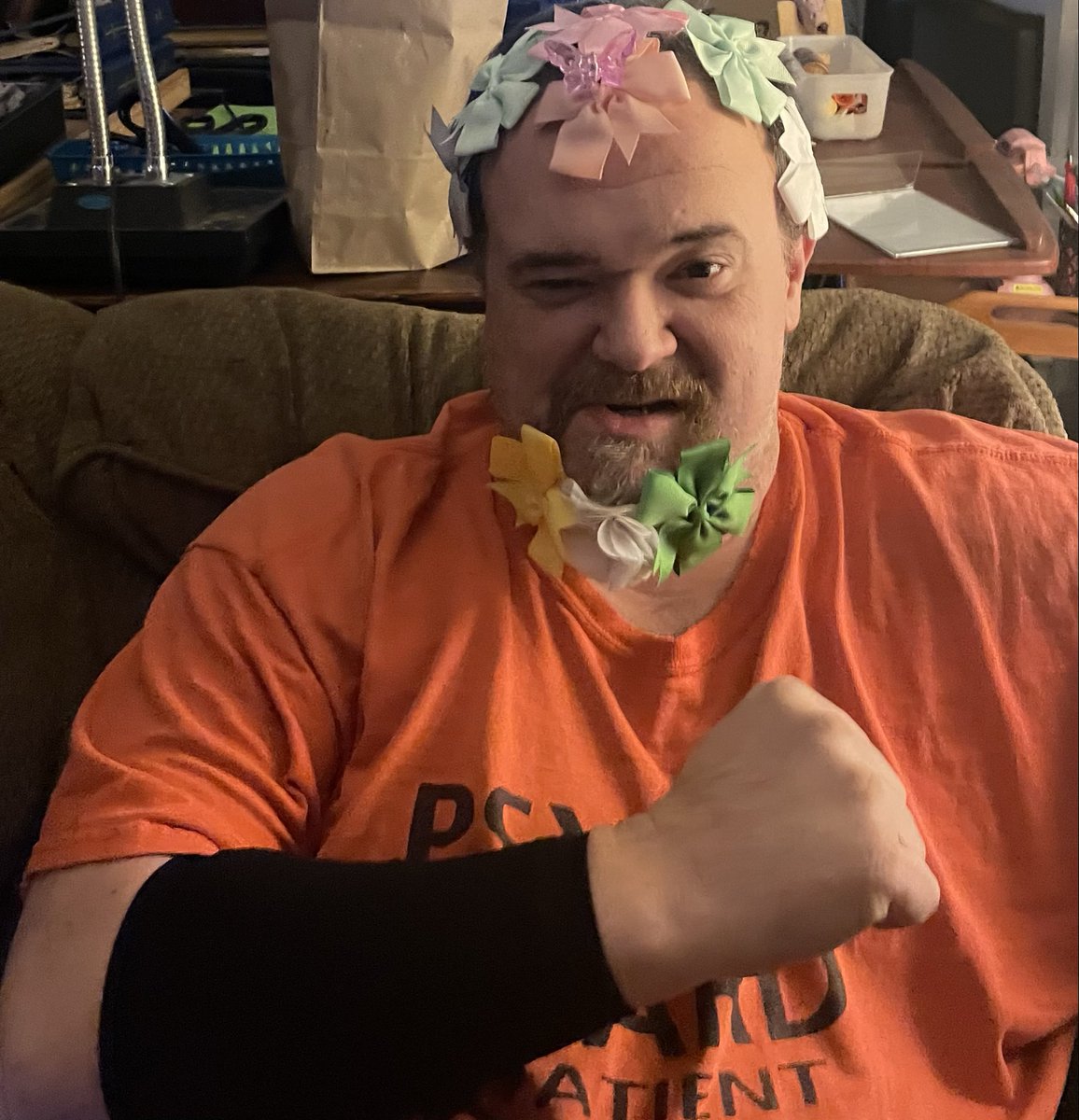 RealBugBrian's tweet image. When your little girl wants to put bows in your hair. This is the conversation that followed; 

Me: “Argh, I’m Beau the Pirate.”
Carolynn: “No, you’re Jack Spare-bow.”
Me (after my laughter subsided a bit): “CAPTAIN Jack Spare-bow.”