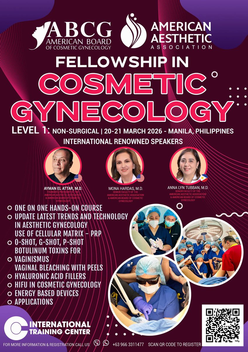 citcphilippines's tweet photo. 📚 Fellowship in Cosmetic Gynecology Course 

📆 Date: 20-23 MARCH 2026
📍 Venue: Manila, Philippines 
🩺 Faculty: International Renowned Speakers

📣 For Registration 
🔏 Enroll Now: https://t.co/jdthyjbyD5
📧 Email Us: info@citc-phil.com
📞 Call Us: ￼0966 331 1477 https://t.co/SR9hfOKt2D