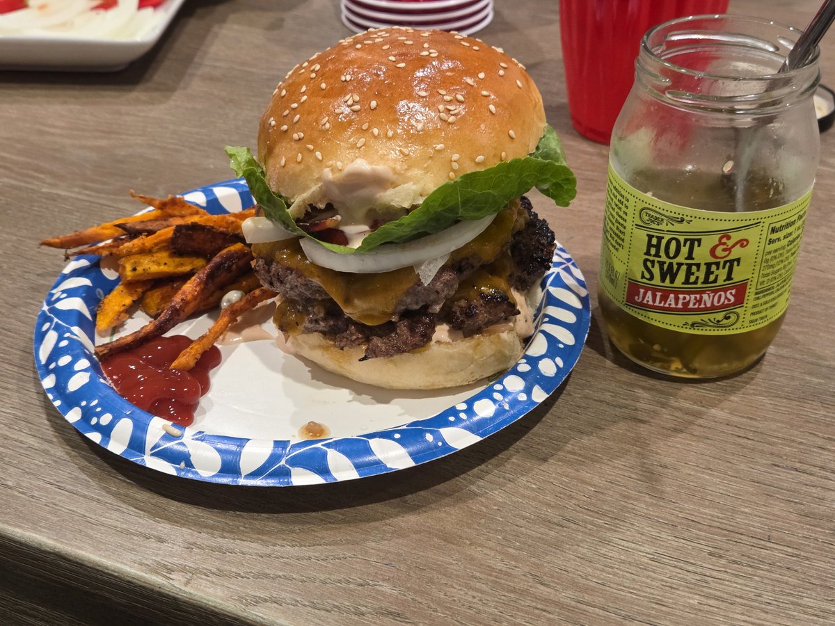 Home made bun, homemade patties, homemade sweet potato fries.  I dont think you understand the size of this thing. Never ____ yourself.