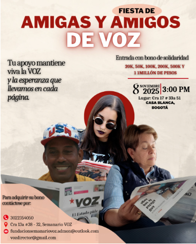 notipaco's tweet photo. 🔥Tu apoyo mantiene viva la VOZ del pueblo y la esperanza que no se apaga
Acompáñanos en la fiesta de amigas y amigos de VOZ,🎟 Entrada con bono solidario. 🗓 8 de noviembre — 🕒 3:00 p.m.. 📍 Cra 17 #33a - 51, Casa Blanca https://t.co/1pYn4TmTEu