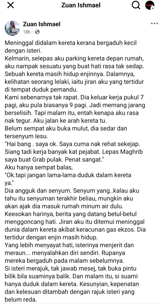mynewshub's tweet photo. Aduh.....Suami meninggal dalam kereta akibat keracunan gas carbon monoxide semasa tidur (terlelap). 

Punca isteri kunci pintu rumah tak bagi suami masuk, merajuk katanya. 

Bagi sepatah dua kata untuk isteri macam ni. https://t.co/itXT3FEogW