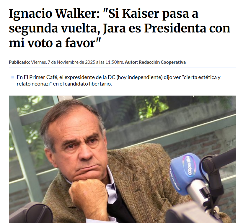 Ignacio Walker hoy corrió un cerco importante desde la comunicación política y las decisiones.
Los riesgos de la ultraderecha para la democracia son enormes. Esperemos que nuestro país sepa entenderlo, más aun considerando nuestra historia.
Sobre Kast dijo: ""También me parece