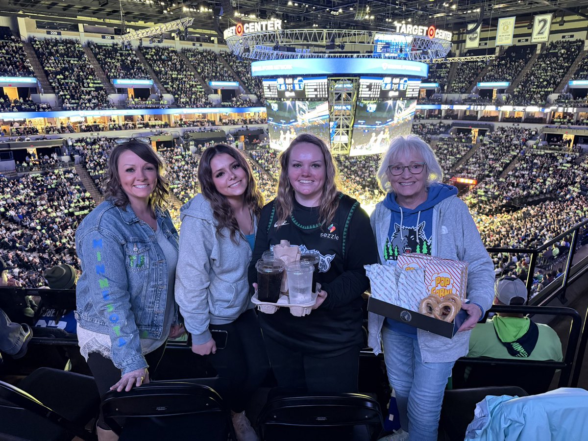 Dana, Hailee, Laura, Sherrie trying out our new “Tip off tray” (4 Hot dogs, 4 pretzels, 4 popcorns and 4 pops - $50) located in section 237 and 126 @targetcentermn @timberwolves