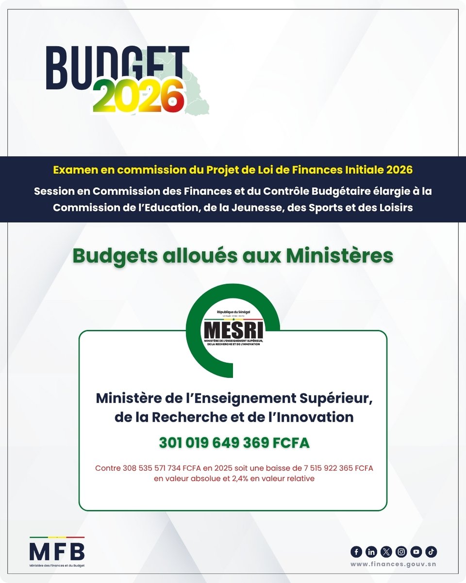 mfb_sn's tweet image. #Budget2026 | La Commission des Finances et du Contrôle budgétaire élargie aux commissions sectorielles de l’Assemblée nationale a examiné et adopté ces 06 et 07 novembre 2025 les projets de budgets du Ministère des Forces armées, du @mesrsenegal ainsi que du @mctngouvsn.