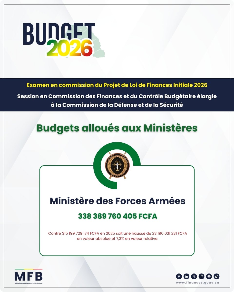 mfb_sn's tweet image. #Budget2026 | La Commission des Finances et du Contrôle budgétaire élargie aux commissions sectorielles de l’Assemblée nationale a examiné et adopté ces 06 et 07 novembre 2025 les projets de budgets du Ministère des Forces armées, du @mesrsenegal ainsi que du @mctngouvsn.
