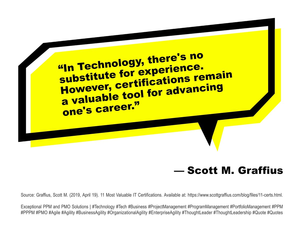 Exceptional_LLC's tweet image. “In Technology, there&apos;s no substitute for experience. However, certifications remain a valuable tool for advancing one&apos;s career.”
— Scott M. Graffius

Source: scottgraffius.com/blog/files/11-…

#IT #ITCertifications #Tech #TechCertifications