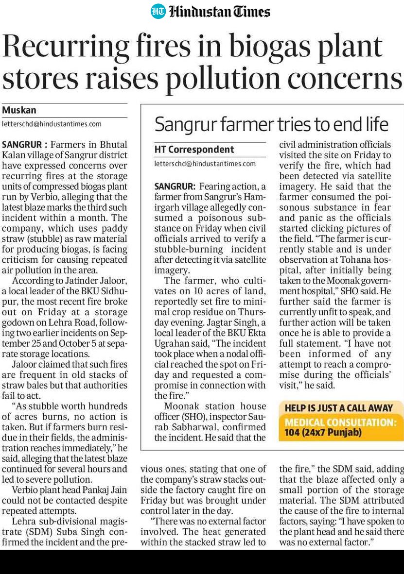 MuskanK68462375's tweet image. Farmers in Bhutal Kalan village expressed concerns over recurring fires at the storage units of compressed biogas plant run by Verbio, alleging that the latest blaze marks the third such incident within a month.  #sangrurnews #cbg #paddystraw #verbio #sangrur
