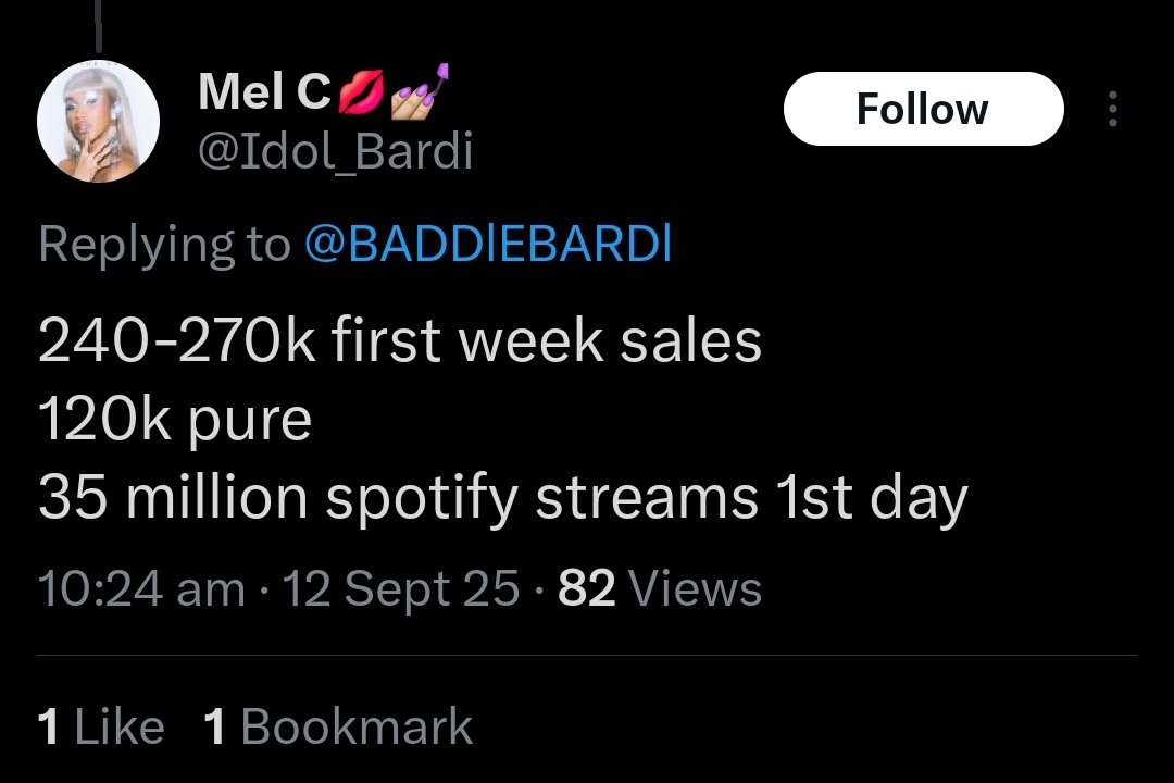 • Didn’t outsell 228K, it sold 199.6K 😂
• Didn’t sell 120K pure, only 88K pure 🤡
• Didn’t earn 35 million Spotify streams, just 14.68 million 💀
• Didn’t have 12 solo entries like PF2 did 💩
• But according to y’all, PF2 was the flop album 🤣
• Clearly, not her year 😭