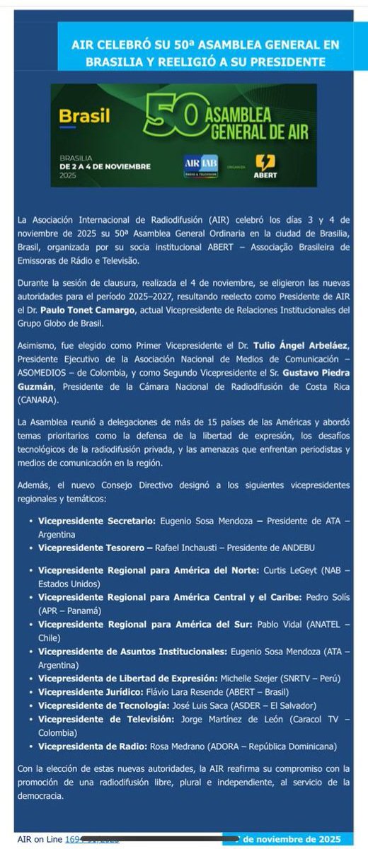 En la 50 Asamblea General de la Asociación Internacional de Radiodifusión (AIR), se escogió nueva junta directiva. El radiodifusor panameño, Pedro Nicanor Solís Espino, fue electo vicepresidente para la región de Centro América y el Caribe. #Noticiasradioreforma