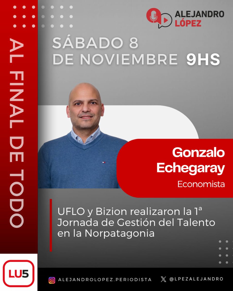 📻 #AlFinalDeTodo #sabado dialogamos con <a href="/GonzaEchegaray/">Gonzalo Echegaray</a> sobre la la 1ª Jornada de Gestión del Talento de la Norpatagonia que llevaron adelante UFLO y Bizion

🎧Escuchanos por <a href="/LU5AM600/">LU5 AM600</a> de 9 a 12hs