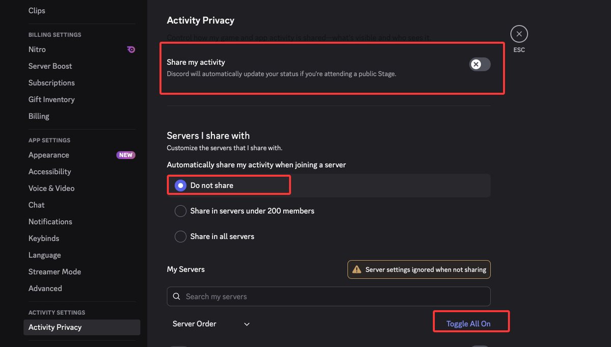 VibeCodingCN's tweet image. 出海站 Discord 建议做的隐私设置，不然他知道你用了哪个模板，哪个 API 

你可以用另一个号看下你的 Discord，看看是否能看到你加入了哪些服务器？

建议设置
   Activity Privacy（活动隐私） 部分，在那里可以：
  - ❌ 关闭 &quot;Display current activity as a status message&quot;
  - ❌ 关闭 &quot;Share…