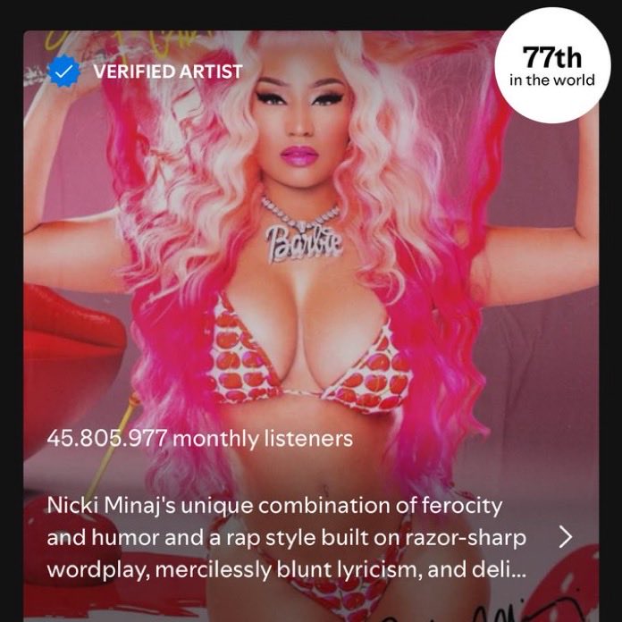 OnikaPoppin's tweet image. .@NICKIMINAJ gained 90k+ new monthly listeners on Spotify yesterday

—The only female rapper that had an increase in the monthly listeners yesterday.