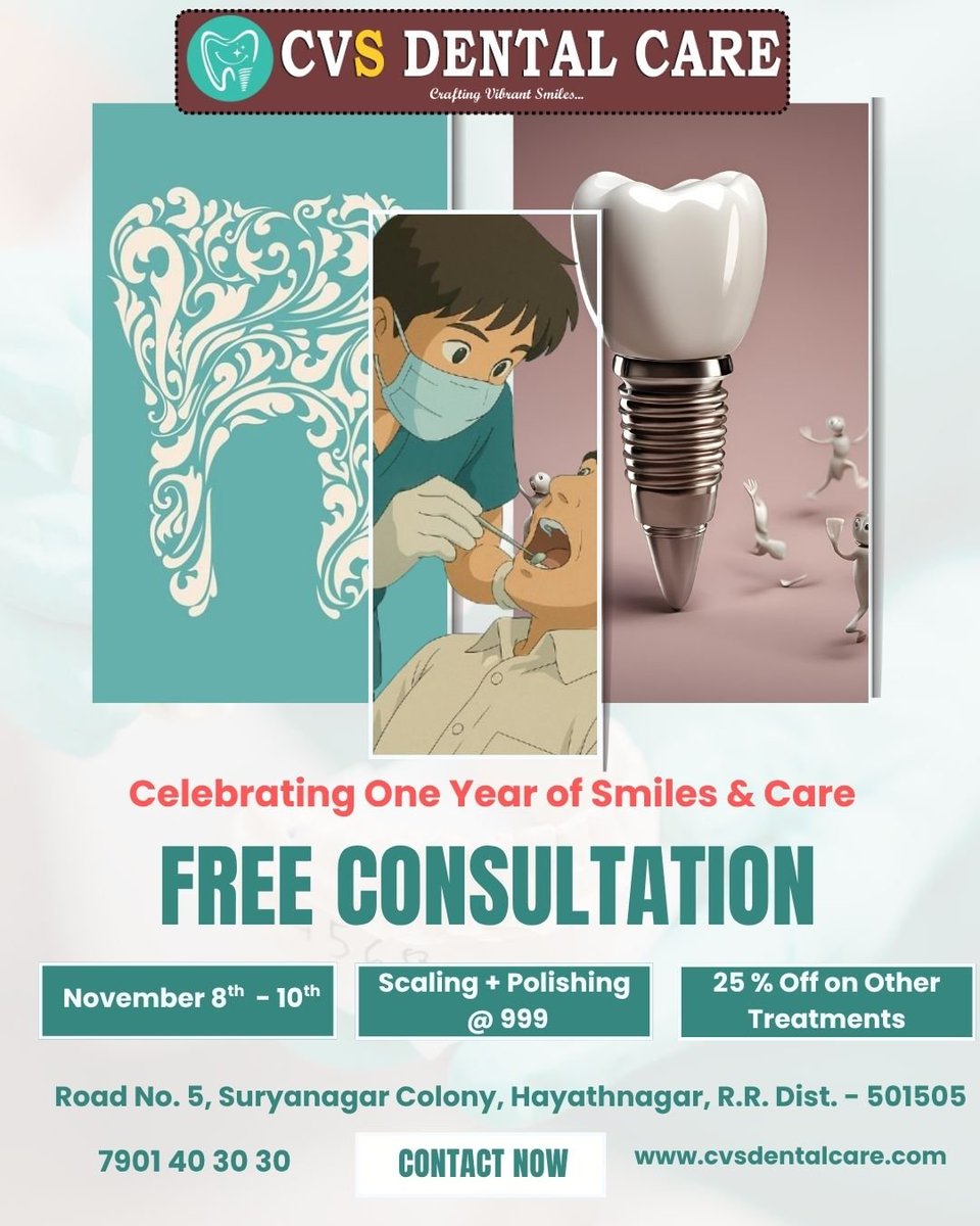 cvsdc2024's tweet photo. 🎉 CVS Dental Care is Celebrating 1 Year of Smiles &amp; Care! 🎉

As a token of gratitude, we’re offering Exclusive Dental Anniversary Offers 😍

📅 Valid till November 10
📞 7901403030
🌐 https://t.co/nQmEDsGReJ

👉 Hurry! Limited-time celebration offers!
Book your appointment now. https://t.co/vwf6D8jLSE