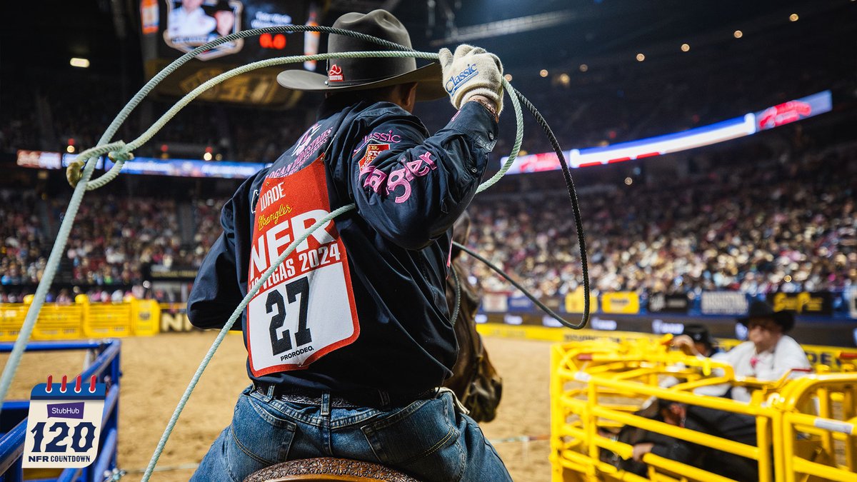 LasVegasNFR's tweet image. It’s Friday, and we’re roping in the weekend — only 2️⃣7️⃣ Days ‘til the Wrangler NFR!   #WranglerNFR #NFRcountdown powered by @StubHub

Tyler Wade wore #27 at the Wrangler NFR last year.
📸 Photo by Clay Guardipee — with StubHub.