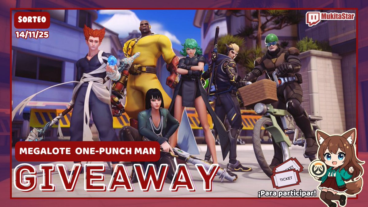 ⭐️ SORTEO ⭐️
- Megalote One-Punch Man 💥

- Requisitos:
Seguirme en X y Twitch → @MukitaStar
Mencionar a un amig@
Dar RT + Like 

-Canjear ticket en stream 🎟️
-Finaliza: 14/11/2025

💫 ¡Mil gracias a Blizzard y <a href="/OverwatchLATAM/">Overwatch</a> por los códigos!
#OW2LATAM #OW2xOPM #Overwatch2