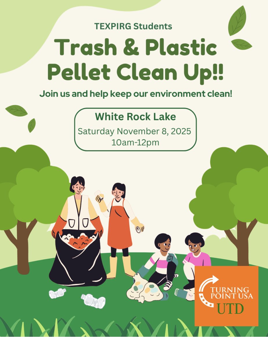 lukemetzger's tweet photo. The UT Dallas chapters of @TexPIRG and @TPUSA are teaming up for a trash cleanup at White Rock Lake in Dallas tomorrow! https://t.co/mFs0dLepfk