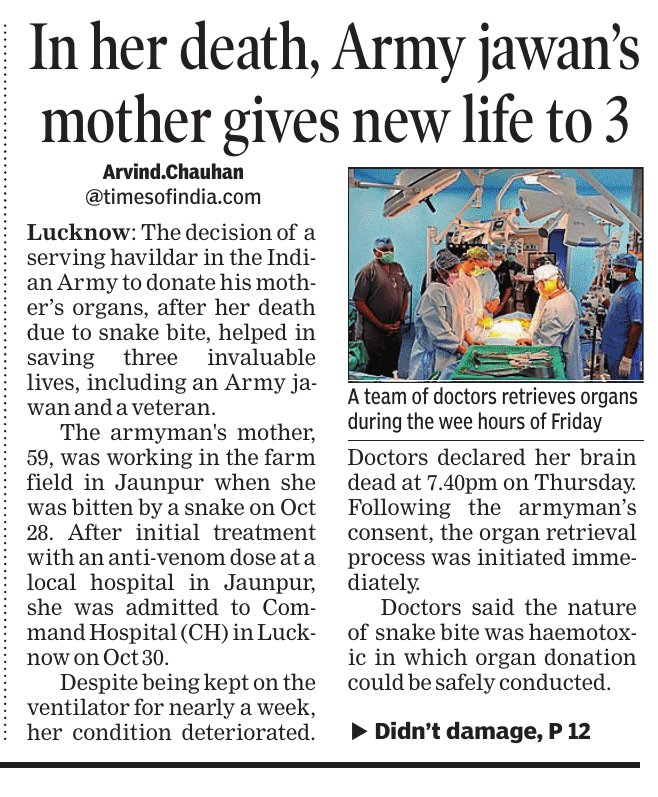 Arv_Ind_Chauhan's tweet photo. In her death due to snake bite, #IndianArmy
jawan’s mother gives new life to three.
From declaration of brain death to organ retrieval and transportation, lasted for 7 hrs which involved coordinated efforts from #CommandHospital #Lucknow, #SGPGIMS, & Army Hospital (RR) #Delhi. https://t.co/jAMujE3Lie