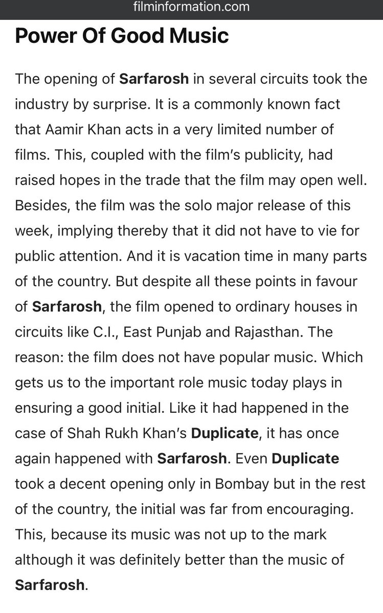 MujahirBO's tweet image. Blast From The Past 

#Sarfarosh (1999) took an ordinary opening in East Punjab, C.I. and Rajasthan. Opening of #Duplicate was only decent in Mumbai but washout elsewhere 

#FilmInformation