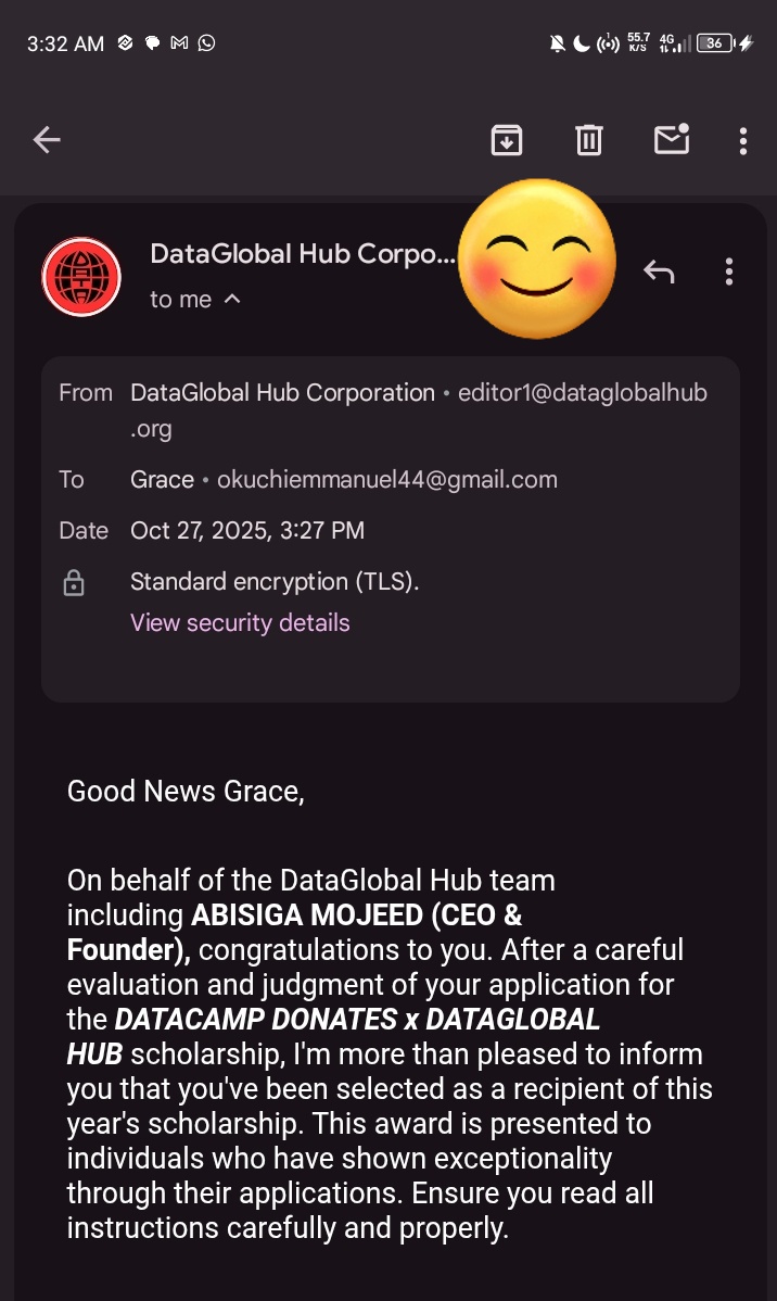 okuchi_emmanuel's tweet image. I’m excited to share that I got the DataCamp Donates x DataGlobal Hub Scholarship! 🎉
Big thanks to @DataCamp and @DataGlobalHub for this learning opportunity 🙏
#DataCamp #Scholarship