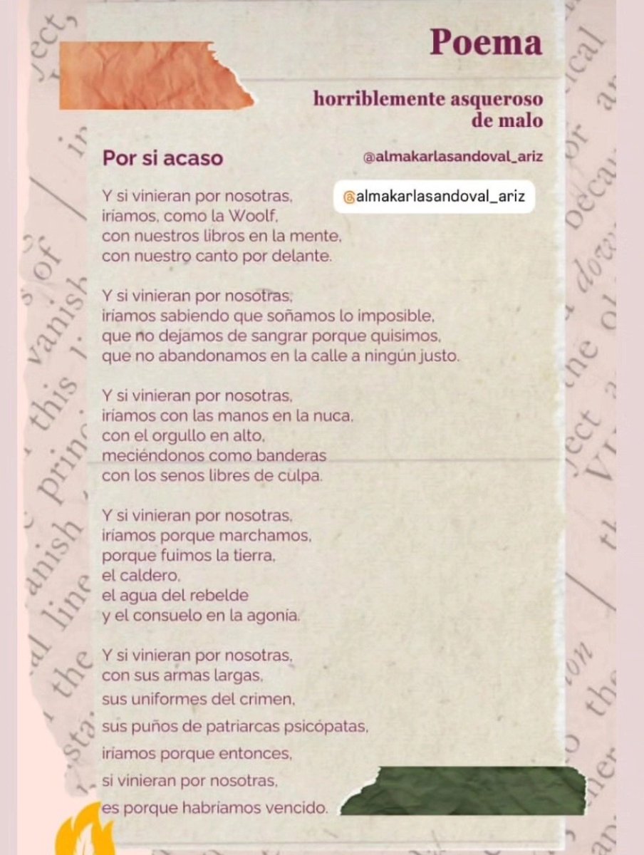 Para estos tiempos de poemas combativos y resilientes.
Gracias a @aquelarre_de_tinta por publicarlo 📷
#almakarlasandoval
#almakarlasandovalautora