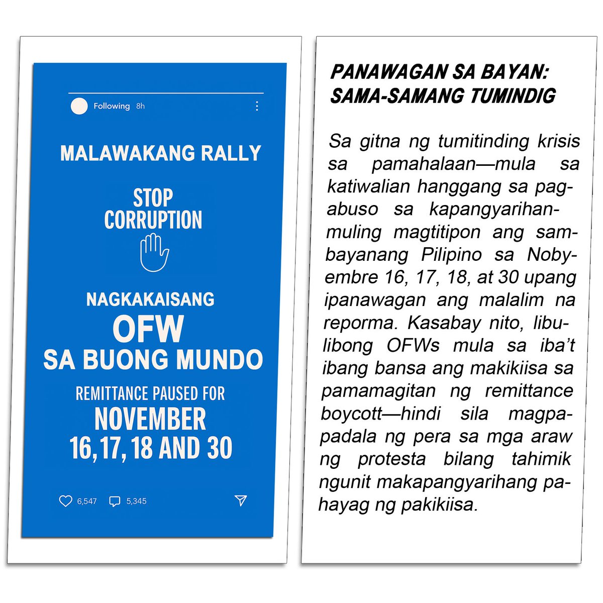 PHILSHIELD85936's tweet image. Malawakang Rally sa Nobyembre 16, 17, 18, at 30. OFWs sumusuporta sa pamamagitan ng #NoRemitNobyembre.   Hindi magpapadala ng remittance sa araw ng protesta. Tahimik pero matatag. Sama-sama. Sabay-sabay. ✊🇵🇭 #OFWProtest #MalawakangRally #BayanNagkaisa #TinigNgBayan