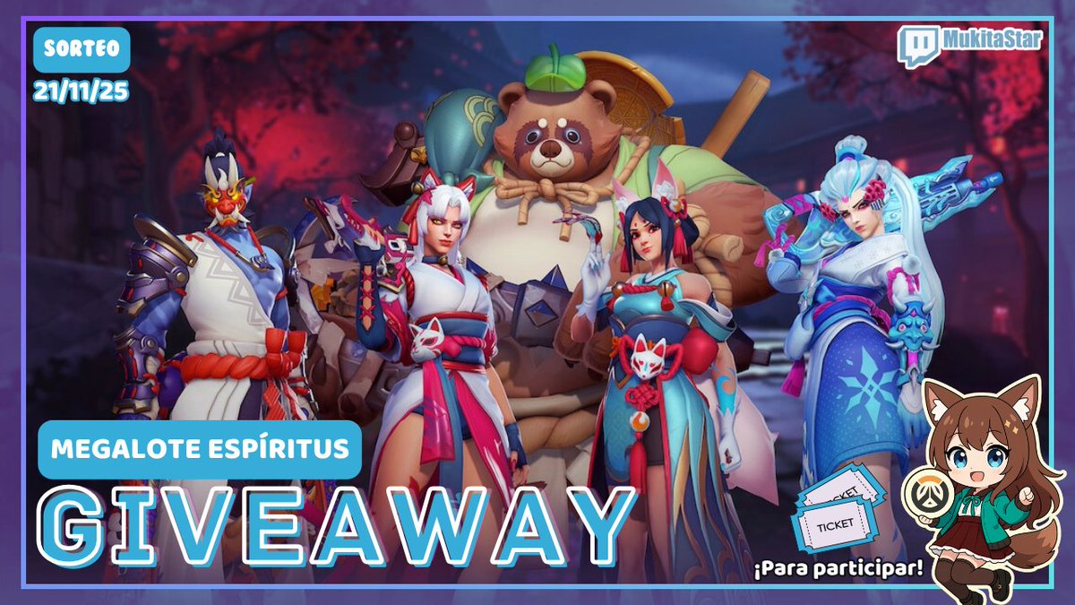 ⭐️ SORTEO ⭐️
Megalote Espíritus 💫

Requisitos:
Seguirme en X, Twitch y TikTok → @Mukitastar
Mencionar a un amig@ 
Dar RT + Like 

-Canjear ticket en Stream 🎟️
Termina: 21/11/2025

¡Mil gracias a Blizzard y <a href="/OverwatchLATAM/">Overwatch</a>
por los códigos! ✨

#OW2LATAM #OW2Spirits