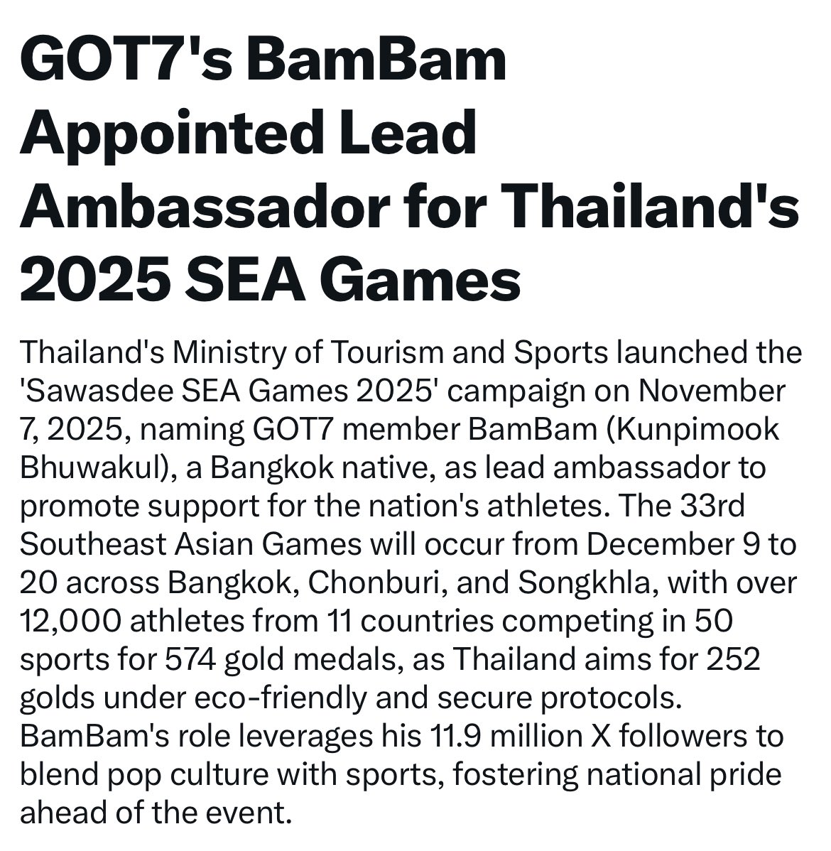 กระทรวงการท่องเที่ยวและกีฬาของประเทศไทย ได้แต่งตั้ง BamBam เป็น #Lead Ambassdor"เพื่อประชาสัมพันธ์และส่งเสริมกำลังใจให้กับนักกีฬาทีมชาติไทย ก่อนการแข่งขันซีเกมส์ครั้งที่ 33👏👏👏👏
#SAWASDEESEAGAMES2025xBamBam