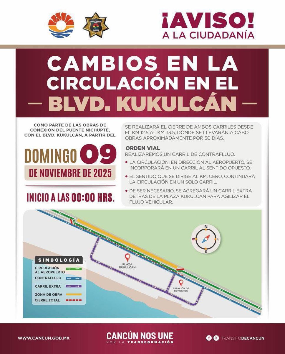 🚧 ¡Atención, Cancún! 🚧
A partir de este domingo 9 de noviembre a las 00:00 horas, habrá ajustes en la circulación vial en el Blvd Kukulcán, debido a los trabajos de conexión del Puente Nichupté.🚗

📍 Cierre temporal de ambos carriles entre el km 12.5 y el km 13.5, con una