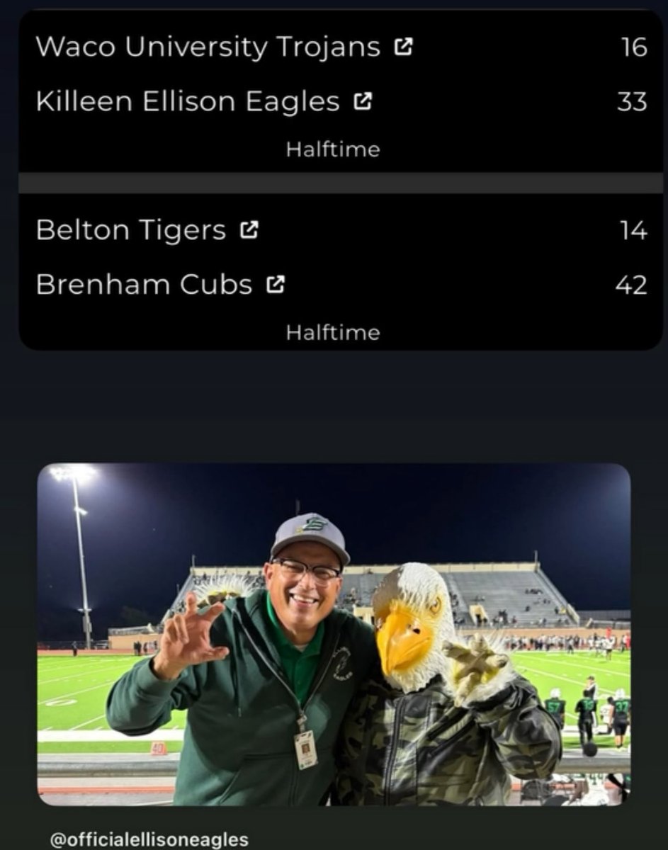 Halftime Scores
<a href="/EllisonEagle_FB/">Ellison Football</a> <a href="/DannyServance/">Danny Servance</a> <a href="/Ellison_QB_Club/">Ellison Quarterback Club (Football Booster)</a> <a href="/KilleenISD_/">KISD Sports</a> <a href="/KDHsports/">KDH Pressbox</a>