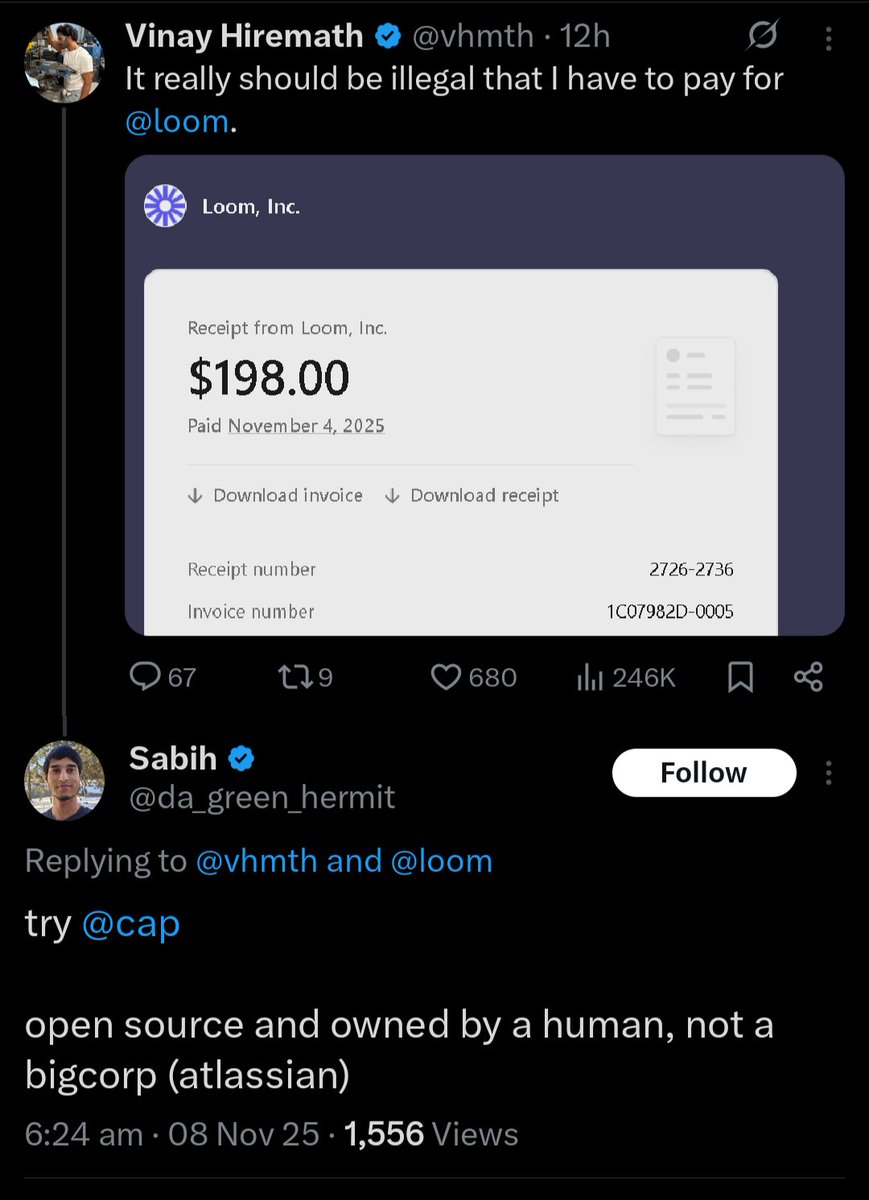theharshithh's tweet image. bro is pitching the competitor of loom to the founder of loom lmao