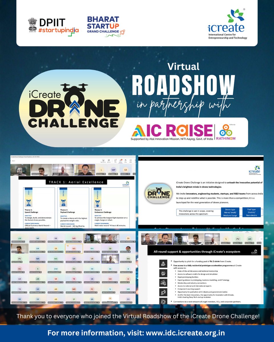 icreatenextgen's tweet image. The iCreate Drone Challenge 2025 Roadshow, held in association with AIC RAISE, witnessed an overwhelming virtual turnout — a large gathering of innovators, researchers, and drone enthusiasts, all united by one vision: advancing India’s drone innovation landscape. 

The session…