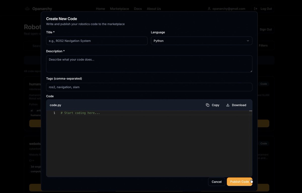 Opanarchyai's tweet image. We’re opening the gates for developers to publish their open source robotics code, datasets and AI models directly on the Opanarchy Marketplace.

We’ will reward early contributors with incentives and visibility across the marketplace.

Additionally, developers can publish and…