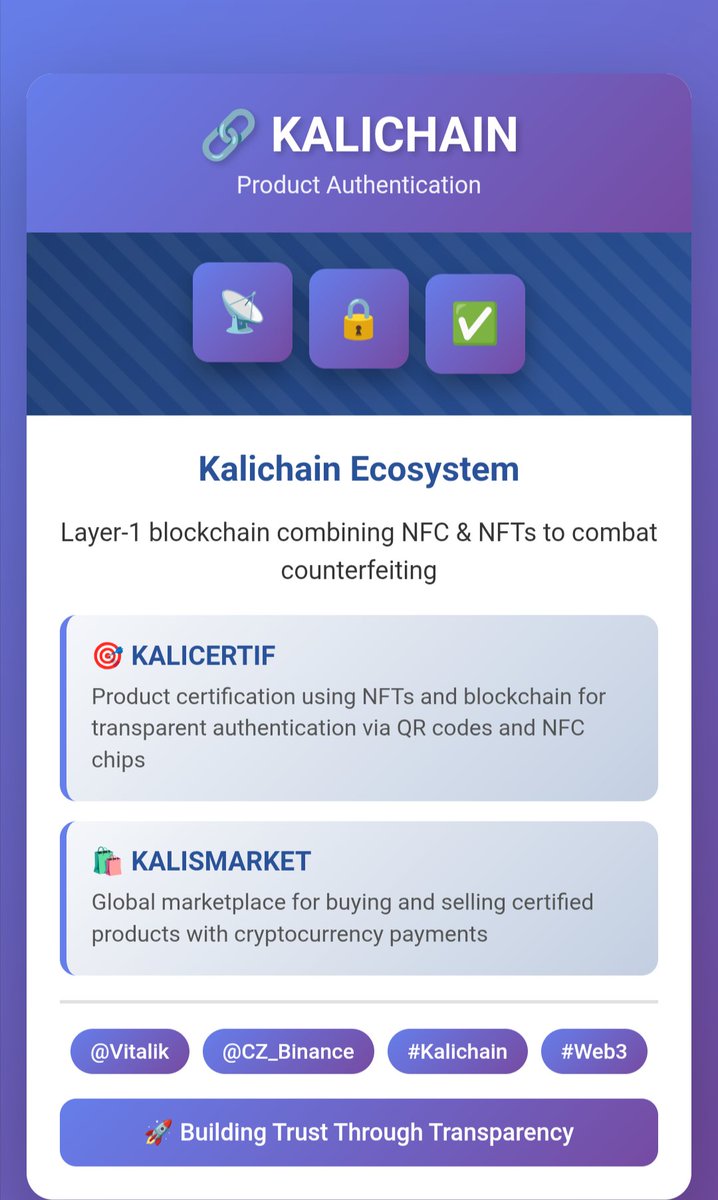 Lolo7406's tweet photo. @kalichainoff @avax 🚀 The KALICHAIN Revolution

Layer-1 blockchain combining NFC + NFTs to combat counterfeiting ✅

📡 Full Ecosystem:
- KALICERTIF - Product certification
- KALISMARKET - Global marketplace  

Bridging Traditional Finance &amp; Web3 🌉

@vitalikbuterin @cz_binance 

#Kalichain https://t.co/DeAwp3ZzKu