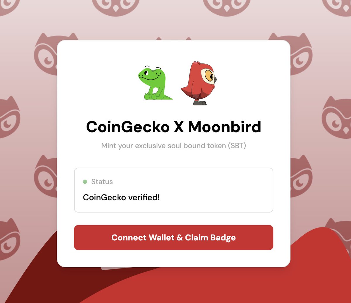 asedd72's tweet image. Coingecko — Mint NFT 🪂

There is a new (FREE) Moonbird Soulbound NFT to claim on Coingecko

📌 Here’s how to proceed: 

     ➖log in to Coingecko: coingecko.com 
     ➖search « moonbird » and add it to your watchlist
     ➖claim your Soulbound ✅

Free to claim…